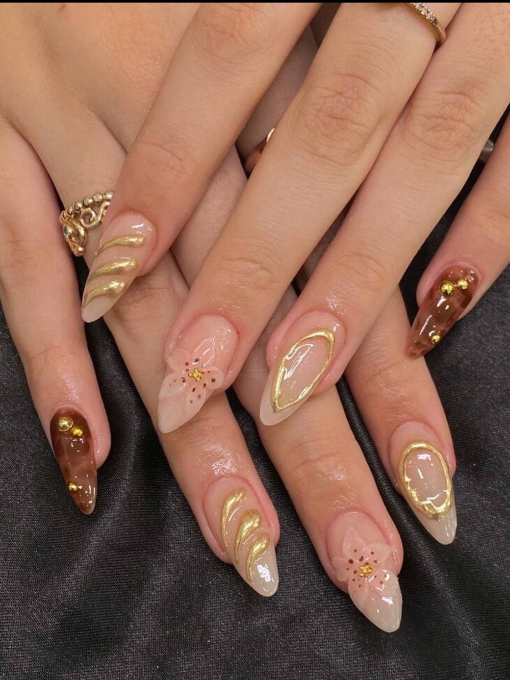 Gold Accent Nude & Brown Almond Press On Nails